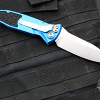 Microtech Socom Elite- Auto (OTS)- Single Edge- Blue Handle- Stonewash Blade 160A-10 BL