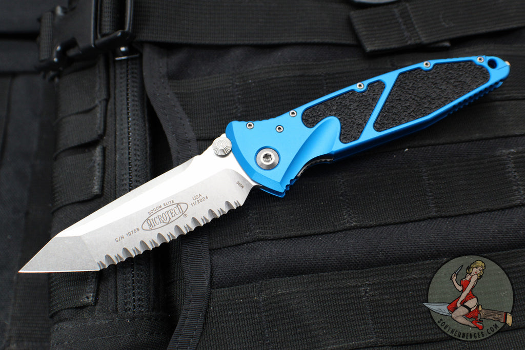 Microtech Socom Elite- Manual Folder- Tanto Edge- Blue Handle- Stonewash Full Serrated Blade 161-12 BL