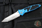 Microtech Socom Elite- Manual Folder- Tanto Edge- Blue Handle- Stonewash Full Serrated Blade 161-12 BL