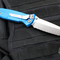 Microtech Socom Elite- Manual Folder- Tanto Edge- Blue Handle- Stonewash Full Serrated Blade 161-12 BL