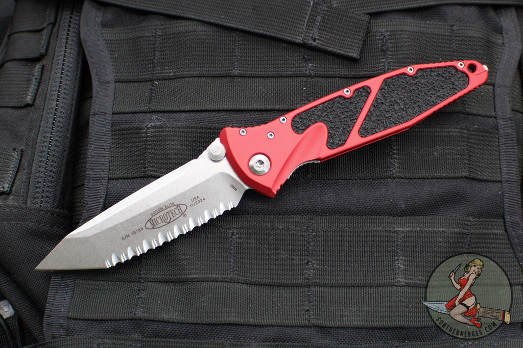 Microtech Socom Elite- Manual Folder- Tanto Edge- Red Handle- Stonewash Full Serrated Blade 161-12 RD