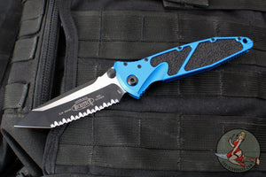 Microtech Socom Elite- Manual Folder- Tanto Edge-Blue Handle- Two-tone Black Full Serrated Blade 161-3 BL