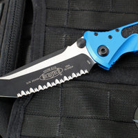 Microtech Socom Elite- Manual Folder- Tanto Edge-Blue Handle- Two-tone Black Full Serrated Blade 161-3 BL