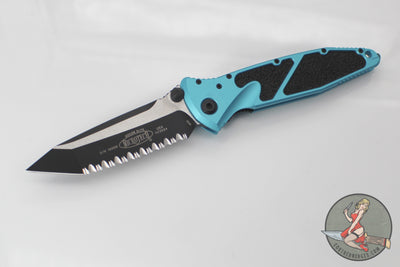 Microtech Socom Elite- Manual Folder- Tanto Edge- Turquoise Handle- Two-tone Black Full Serrated Blade 161-3 TQ