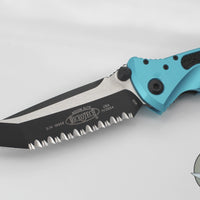 Microtech Socom Elite- Manual Folder- Tanto Edge- Turquoise Handle- Two-tone Black Full Serrated Blade 161-3 TQ