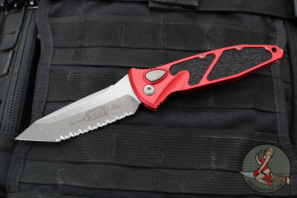 Microtech Socom Elite OTS Knife- Tanto Edge- Red Handle- Apocalyptic Full Serrated Blade 161A-12 APRD