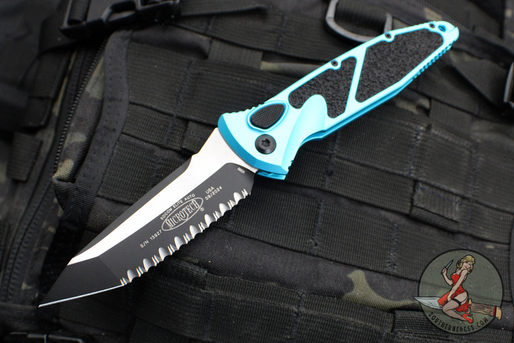 Microtech Socom Elite- Auto-  Tanto Edge- Turquoise Handle- Black Full Serrated Blade 161A-3 TQ