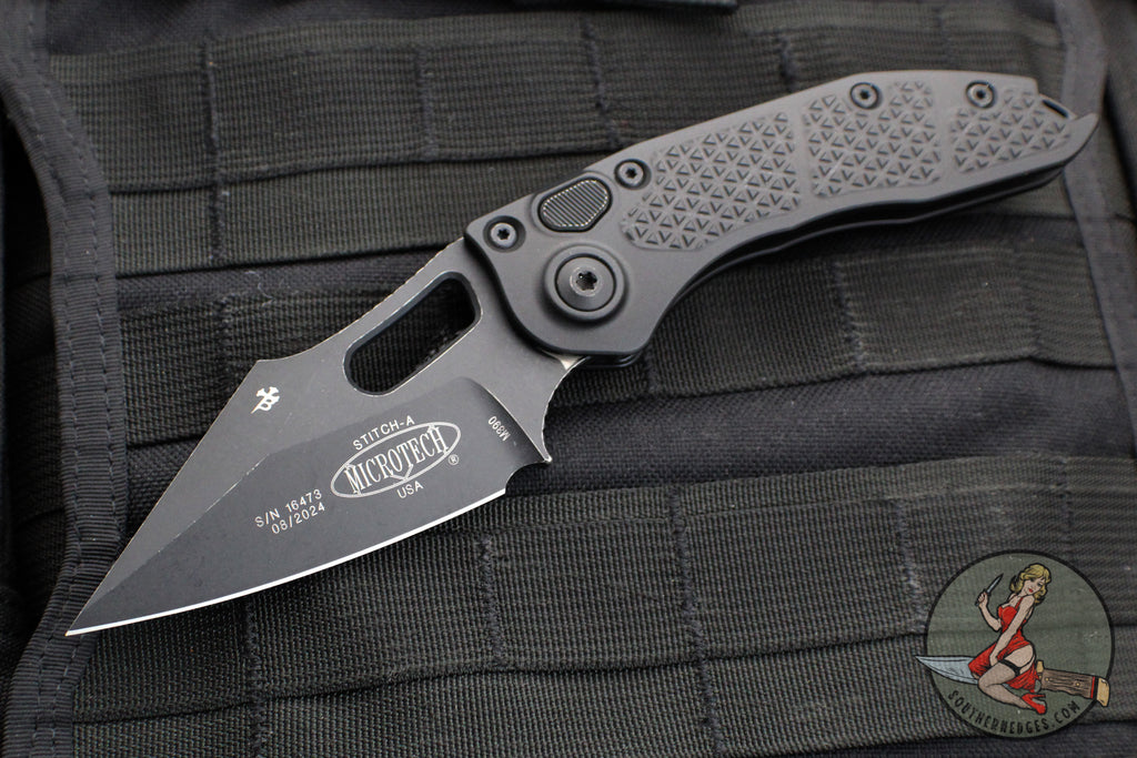 Microtech Stitch OTS Auto Knife- Black Handle- Distressed Apocalyptic Black Blade And Hardware 169-1 AP