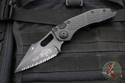 Microtech Stitch OTS Auto Knife- Black Handle- Black Full Serrated Blade- Blue Titanium Backspacer 169-3BK-A1TI