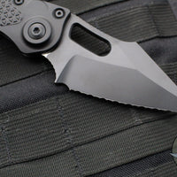 Microtech Stitch OTS Auto Knife- Black Handle- Black Full Serrated Blade- Blue Titanium Backspacer 169-3BK-A1TI