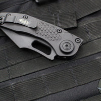 Microtech Stitch OTS Auto Knife- Black Handle- Black Full Serrated Blade- Blue Titanium Backspacer 169-3BK-A1TI