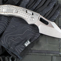 Marfione Select Stitch RAM LOK Knife- Frag Pattern Stonewash Titanium Handle- Stonewash Blade- Bronze Backstrap 169RL-10 FRMS1