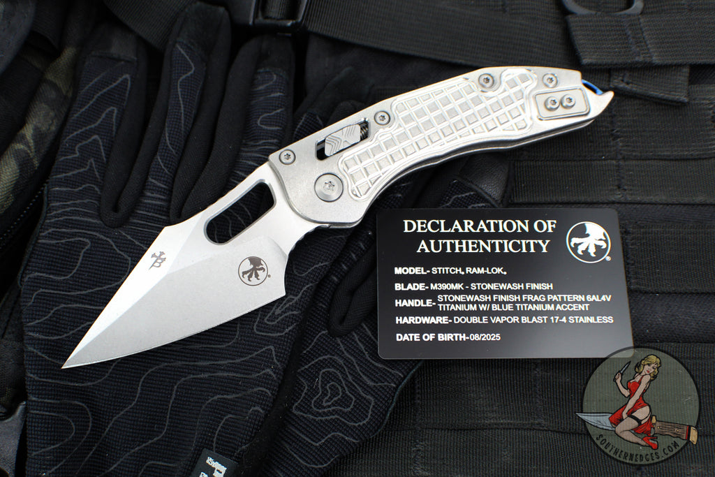 Marfione Select Stitch RAM LOK Knife- Frag Pattern Stonewash Titanium Handle- Stonewash Blade- Blue Backstrap 169RL-10 FRMS2