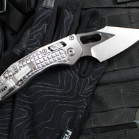 Marfione Select Stitch RAM LOK Knife- Frag Pattern Stonewash Titanium Handle- Stonewash Blade- Purple Backstrap 169RL-10 FRMS3