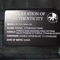 Marfione Select Stitch RAM LOK Knife- Frag Pattern Purple Haze Anodized Titanium Handle- Stonewash Blade- Purple Backstrap 169RL-10 FRMS5