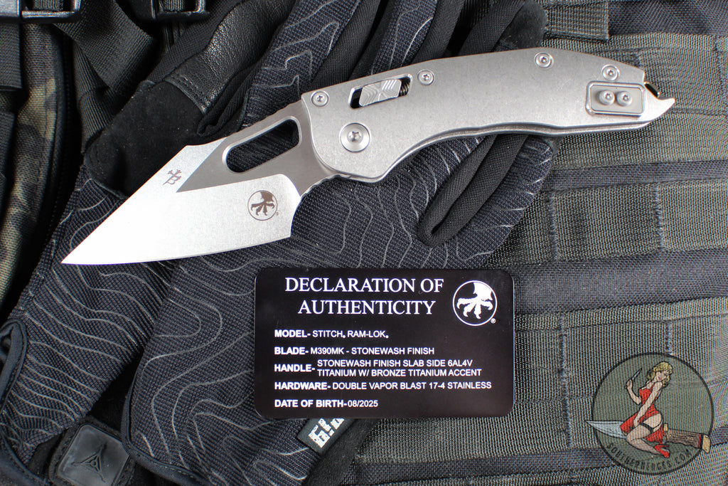 Marfione Select Stitch RAM LOK Knife- Smooth Stonewash Titanium Handle- Stonewash Blade- Bronze Backstrap 169RL-10 MS1