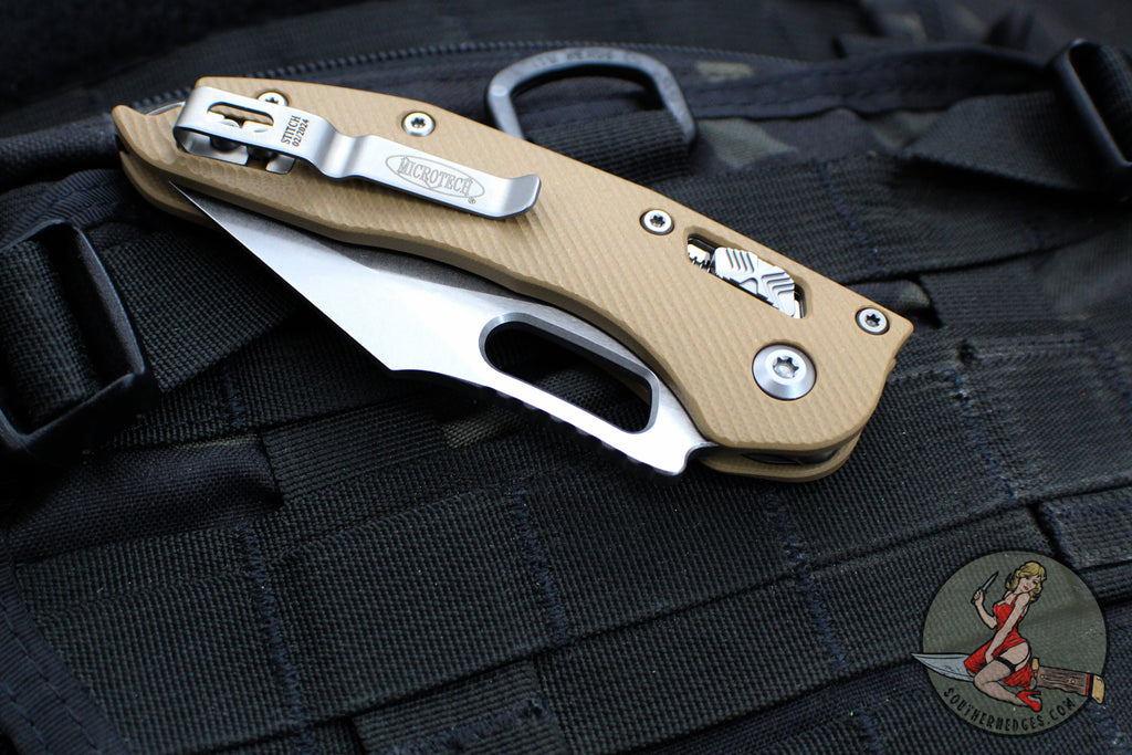 Microtech Stitch RAM LOK Knife- Tan Fluted G-10 Handle- Stonewash Part ...