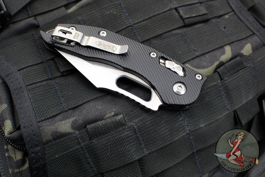 Microtech Stitch RAM LOK Knife- Black Fluted Aluminum Handle- Stonewas ...