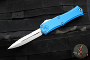 Microtech Hera II OTF Knife- MINI- Bayonet Edge- Blue Handle- Stonewash Full Serrated Blade 1701M-12 BL
