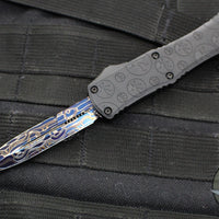 Microtech Hera II OTF Knife- MINI-  Bayonet Edge- Black Deep Logo Burst Handle- Blued Vegas Forge Damascus Blade 1701M-16 MS2 v2