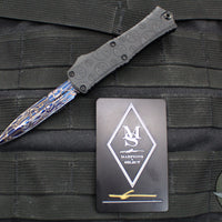 Microtech Hera II OTF Knife- MINI-  Bayonet Edge- Black Deep Logo Burst Handle- Blued Vegas Forge Damascus Blade 1701M-16 MS2 v2