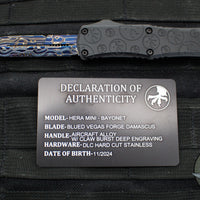 Microtech Hera II OTF Knife- MINI-  Bayonet Edge- Black Deep Logo Burst Handle- Blued Vegas Forge Damascus Blade 1701M-16 MS2 v2