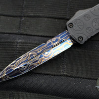 Microtech Hera II OTF Knife- MINI-  Bayonet Edge- Black Deep Logo Burst Handle- Blued Vegas Forge Damascus Blade 1701M-16 MS2 v2