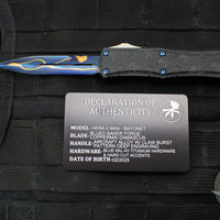 Microtech Hera II OTF Knife- MINI-  Bayonet Edge- Black Deep Logo Burst Handle- Blued Baker Forge Coppermai Damascus Blade- Blue HW 1701M-16 MS3