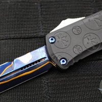 Microtech Hera II OTF Knife- MINI-  Bayonet Edge- Black Deep Logo Burst Handle- Blued Baker Forge Coppermai Damascus Blade- Blue HW 1701M-16 MS3