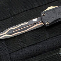 Microtech Hera II OTF Knife- MINI-  Bayonet Edge- Black Deep Logo Burst Handle- Baker Forge Coppermai Damascus Blade- Bronze HW 1701M-16 MS4