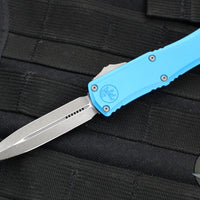 Microtech Hera II OTF Knife- MINI- Double Edge- Blue Handle- Apocalyptic Blade 1702M-10 APBL