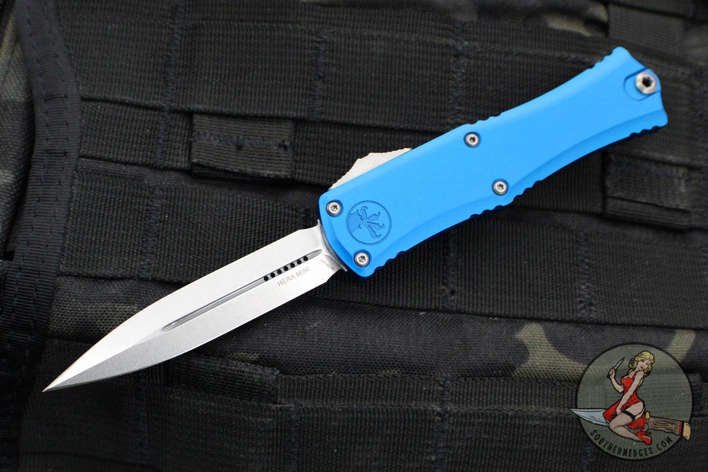 Microtech Hera II OTF Knife- MINI- Double Edge- 30th Anniversary- Blue Handle- Stonewash Blade 1702M-10 BL 30