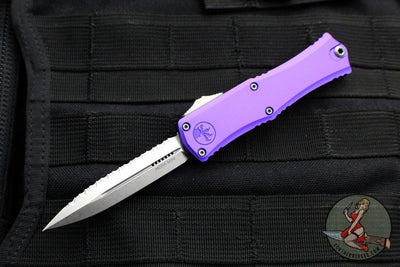 Microtech Hera II OTF Knife- MINI- Double Edge- Purple Handle- Stonewash Full Serrated Blade 1702M-12 PU