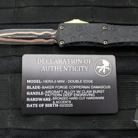 Microtech Hera II OTF Knife- MINI- Double Edge- Black Deep Logo Burst Handle- Baker Forge Coppermai Damascus Blade- Bronze HW 1702M-16 MS2