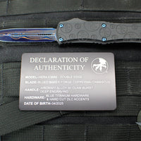 Microtech Hera II OTF Knife- MINI- Double Edge- Black Deep Logo Burst Handle- Blued Baker Forge Coppermai Damascus Blade- Blue HW 1702M-16 MS3