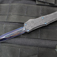 Microtech Hera II OTF Knife- MINI- Double Edge- Black Deep Logo Burst Handle- Blued Baker Forge Coppermai Damascus Blade- Blue HW 1702M-16 MS3