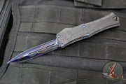 Microtech Hera II OTF Knife- MINI- Double Edge- Black Deep Logo Burst Handle- Blued Baker Forge Coppermai Damascus Blade- Blue HW 1702M-16 MS3