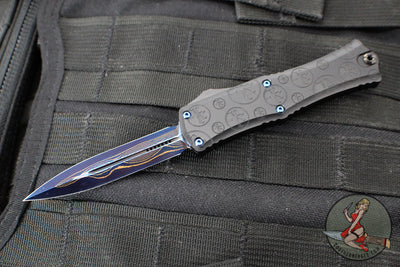 Microtech Hera II OTF Knife- MINI- Double Edge- Black Deep Logo Burst Handle- Blued Baker Forge Coppermai Damascus Blade- Blue HW 1702M-16 MS3