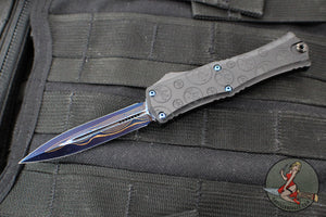 Microtech Hera II OTF Knife- MINI- Double Edge- Black Deep Logo Burst Handle- Blued Baker Forge Coppermai Damascus Blade- Blue HW 1702M-16 MS3