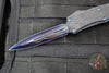 Microtech Hera II OTF Knife- MINI- Double Edge- Black Deep Logo Burst Handle- Blued Baker Forge Coppermai Damascus Blade- Blue HW 1702M-16 MS3