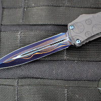 Microtech Hera II OTF Knife- MINI- Double Edge- Black Deep Logo Burst Handle- Blued Baker Forge Coppermai Damascus Blade- Blue HW 1702M-16 MS3
