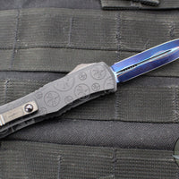 Microtech Hera II OTF Knife- MINI- Double Edge- Black Deep Logo Burst Handle- Blued Baker Forge Coppermai Damascus Blade- Blue HW 1702M-16 MS3