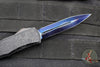 Microtech Hera II OTF Knife- MINI- Double Edge- Black Deep Logo Burst Handle- Blued Baker Forge Coppermai Damascus Blade- Blue HW 1702M-16 MS3