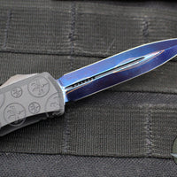Microtech Hera II OTF Knife- MINI- Double Edge- Black Deep Logo Burst Handle- Blued Baker Forge Coppermai Damascus Blade- Blue HW 1702M-16 MS3