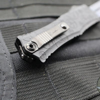 Microtech Hera II OTF Knife- MINI- Double Edge- Black Deep Logo Burst Handle- Blued Baker Forge Coppermai Damascus Blade- Blue HW 1702M-16 MS3