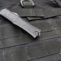 Microtech Hera II OTF Knife- MINI- Double Edge- Black Deep Logo Burst Handle- Blued Baker Forge Coppermai Damascus Blade- Blue HW 1702M-16 MS3
