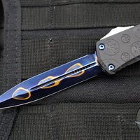 Microtech Hera II OTF Knife- MINI- Double Edge- Black Deep Logo Burst Handle- Blued Baker Forge Coppermai Damascus Blade- Blue HW 1702M-16 MS3