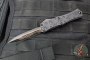 Microtech Hera II OTF Knife- MINI- Double Edge- Black Deep Logo Burst Handle- Baker Forge Coppermai Damascus Blade- DLC HW 1702M-16 MS4