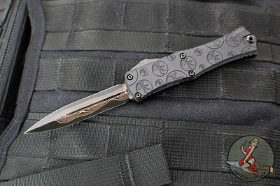Microtech Hera II OTF Knife- MINI- Double Edge- Black Deep Logo Burst Handle- Baker Forge Coppermai Damascus Blade- DLC HW 1702M-16 MS4
