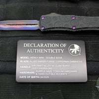 Microtech Hera II OTF Knife- MINI- Double Edge- Black Deep Logo Burst Handle- Blued Baker Forge Coppermai Damascus Blade- Purple HW 1702M-16 MS5